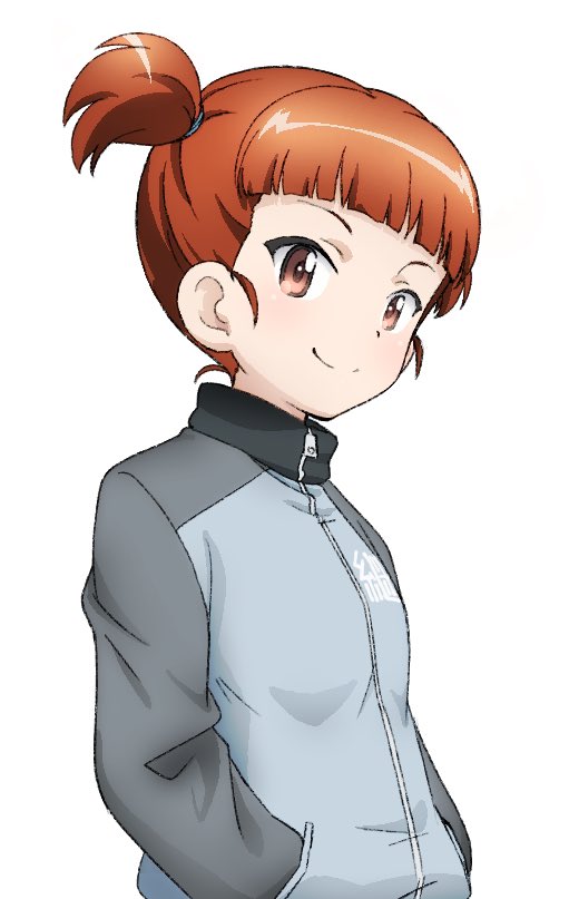 1girl blue_jacket closed_mouth commentary_request emblem girls_und_panzer hair_tie hands_in_pockets jacket long_sleeves looking_at_viewer maita1118 mikko_(girls_und_panzer) military military_uniform raglan_sleeves red_eyes redhead short_hair short_twintails simple_background smile solo track_jacket twintails uniform upper_body white_background zipper