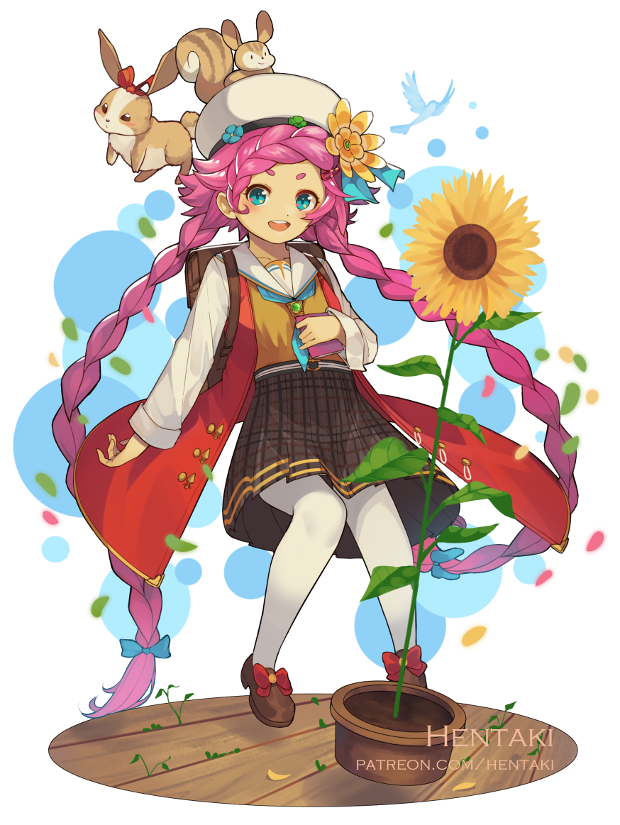 1girl :d animal artist_name bangs beret blue_eyes blue_flower blue_neckwear bow braid brown_footwear brown_shirt brown_skirt commentary dragalia_lost flower green_footwear hat hentaki jacket long_sleeves looking_at_viewer low_twintails maribelle_(dragalia_lost) open_clothes open_jacket open_mouth pantyhose pink_hair plaid plaid_skirt plant pleated_skirt potted_plant rabbit red_bow red_jacket round_teeth sailor_collar school_uniform serafuku shirt shoes short_eyebrows skirt smile solo squirrel sunflower teeth thick_eyebrows twin_braids twintails upper_teeth watermark web_address white_headwear white_legwear white_sailor_collar yellow_flower