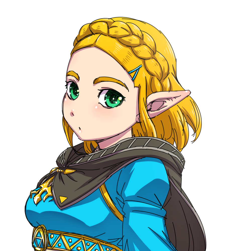 1girl black_cape blonde_hair blue_shirt blush braid breasts cape closed_mouth commentary_request crown_braid forehead green_eyes hair_ornament hairclip hanya_(hanya_yashiki) looking_at_viewer medium_breasts pointy_ears princess_zelda shirt short_hair simple_background solo the_legend_of_zelda the_legend_of_zelda:_breath_of_the_wild_2 thick_eyebrows triforce underbust white_background