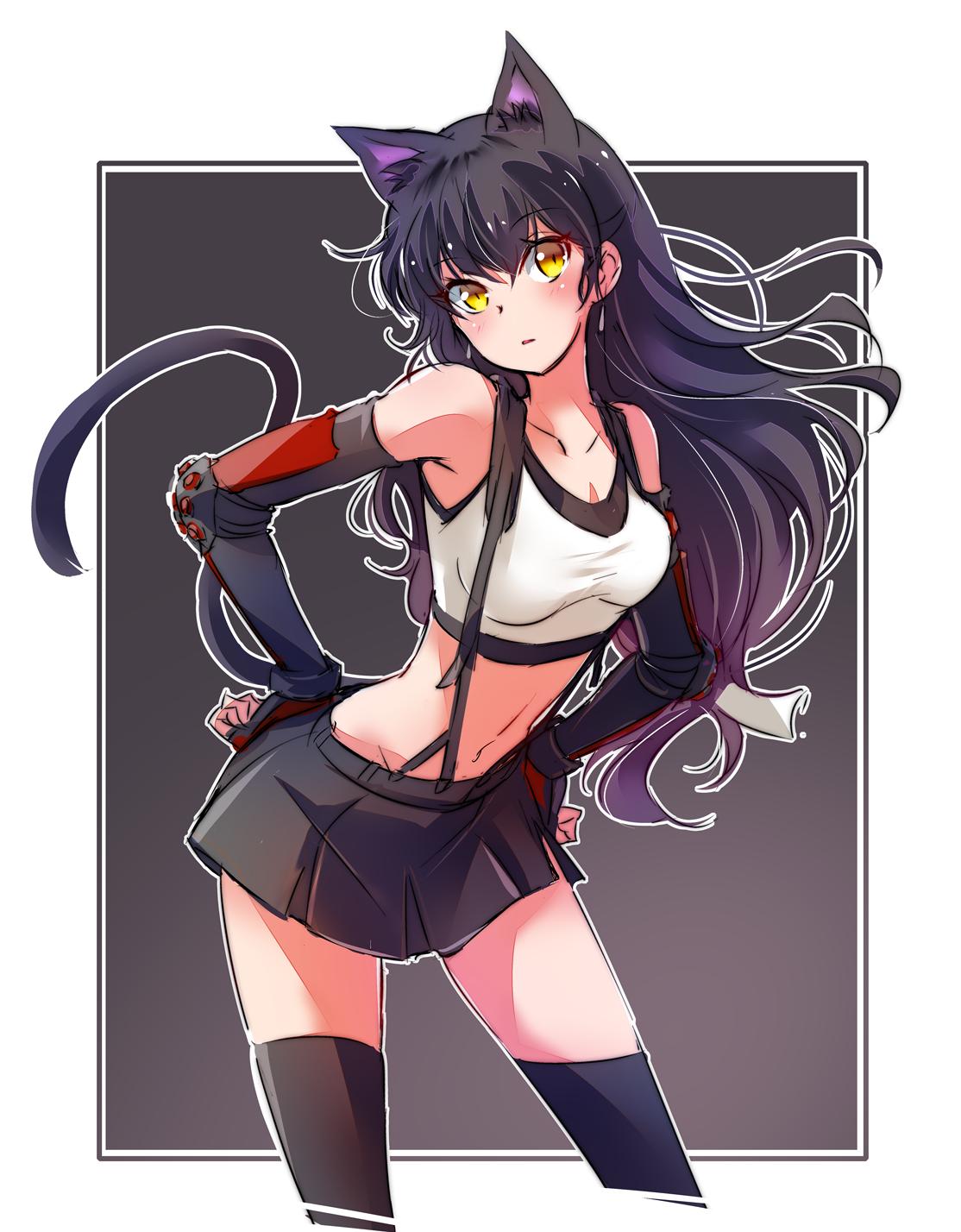 1girl animal_ears black_hair black_legwear black_skirt blake_belladonna breasts cat_ears cat_tail cosplay crop_top earrings final_fantasy final_fantasy_vii fingerless_gloves gloves highres iesupa jewelry long_hair midriff miniskirt navel rwby skirt solo sports_bra suspender_skirt suspenders tail tank_top thigh-highs tifa_lockhart tifa_lockhart_(cosplay) yellow_eyes