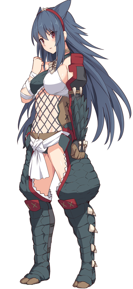 1girl animal_ear_request armor asymmetrical_sleeves black_hair black_panties breasts clenched_hand eyebrows_visible_through_hair fishnets full_body gauntlets hair_between_eyes hairband hand_up large_breasts long_hair looking_at_viewer monster_hunter nargacuga_(armor) navel panties red_hairband scale_armor scales shiseki_hirame simple_background solo standing stomach underwear white_background