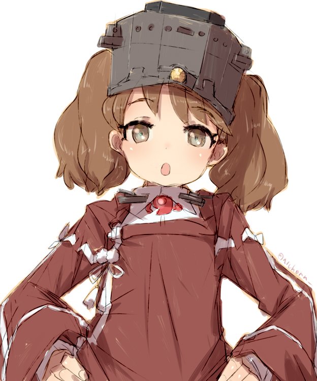 1girl alchera brown_eyes brown_hair commentary_request hands_on_hips head_tilt japanese_clothes kantai_collection kariginu long_hair looking_at_viewer magatama open_mouth red_shirt ryuujou_(kantai_collection) shirt simple_background solo twintails upper_body visor_cap white_background