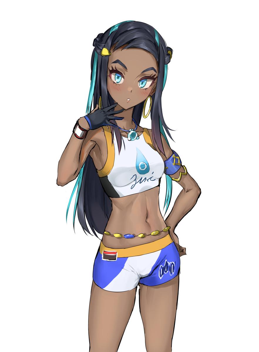 1girl armlet athenawyrm black_hair blue_eyes blue_hair dark_skin gloves hair_bun highres jewelry navel pokemon pokemon_(game) pokemon_swsh ponytail rurina_(pokemon) single_glove sportswear