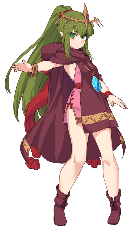 1girl chiki child circlet dragon_girl dress fire_emblem fire_emblem:_mystery_of_the_emblem fire_emblem_heroes fire_emblem_musou green_eyes green_hair hood intelligent_systems jewelry long_hair looking_at_viewer mamkute nintendo pink_dress pointy_ears ponytail shiseki_hirame short_dress simple_background smile solo tiara young