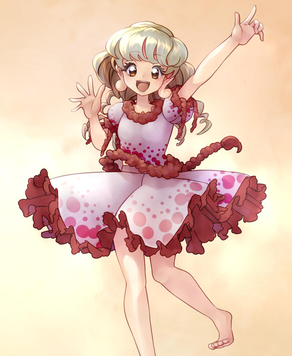 1girl arm_up blonde_hair brown_eyes commentary earlobes ebisu_eika eyebrows_visible_through_hair highres kaede198 long_hair looking_at_viewer open_mouth puffy_short_sleeves puffy_sleeves shirt short_sleeves skirt skirt_set smile solo standing touhou waving yellow_background