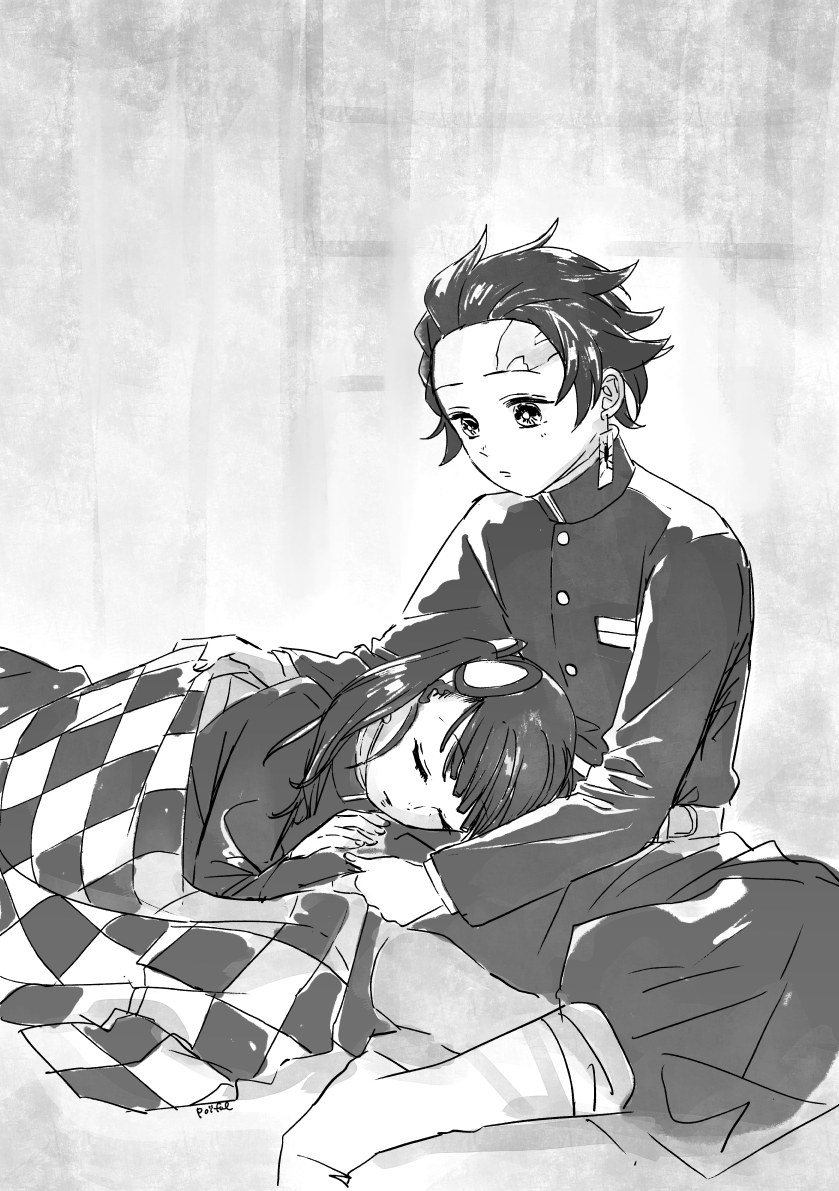 1boy 1girl artist_name checkered couple earrings grey_background greyscale hair_ornament indian_style jewelry kamado_tanjirou kimetsu_no_yaiba lap_pillow lying military military_jacket military_uniform monochrome monsieur_oui on_side scar side_ponytail sitting sleeping tsuyuri_kanao under_covers uniform