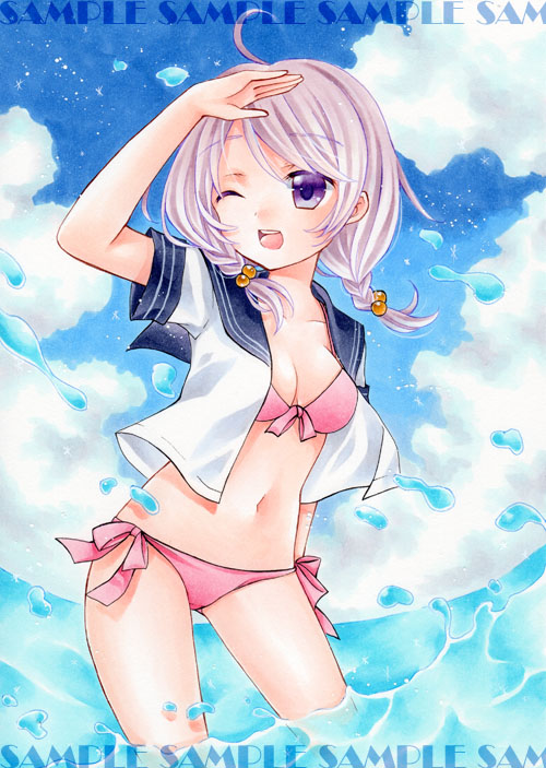 1girl bikini breasts grey_hair marker_(medium) medium_breasts medium_hair mocomoco_party navel ocean one_eye_closed original pink_bikini sailor sample smile solo swimsuit traditional_media violet_eyes water