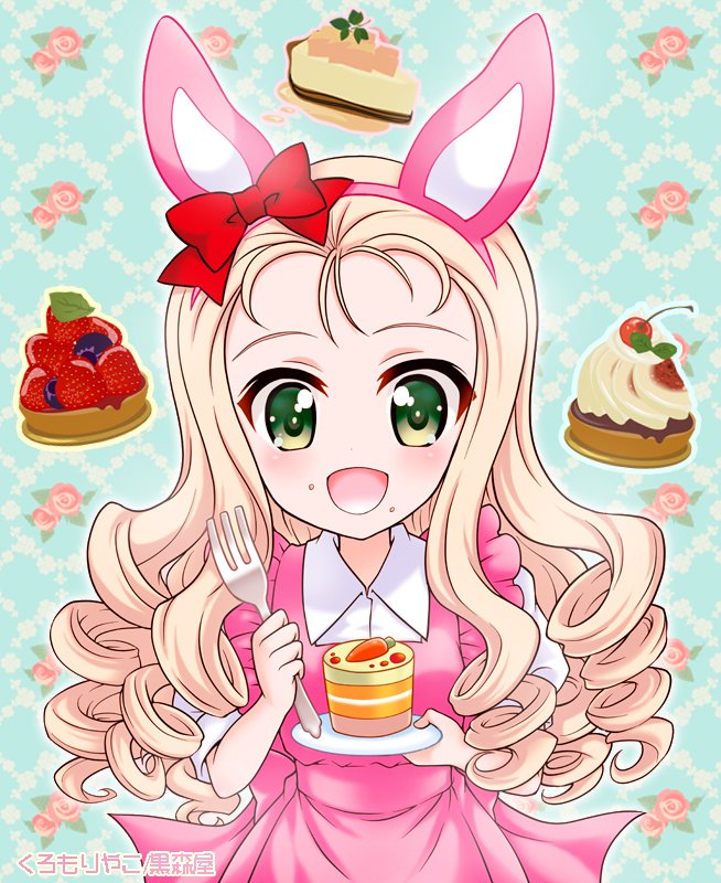 1girl animal_ears artist_name blonde_hair blueberry blush burafu cake carrot cherry crumbs dress drill_hair floral_background food fork frills fruit girls_und_panzer green_eyes hair_ornament headband holding holding_plate long_hair looking_at_viewer marie_(girls_und_panzer) open_mouth pastry pink_dress plate rabbit_ears ribbon short_sleeves smile solo strawberry