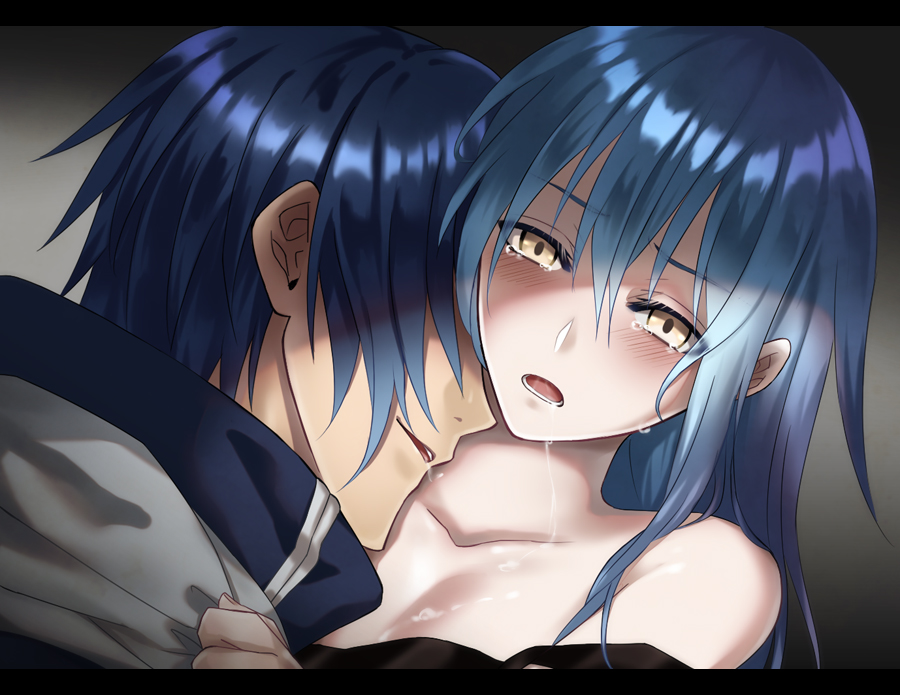 1boy 1girl blue_hair blush collarbone couple grey_background hair_between_eyes hair_over_eyes hetero kazuya_31 long_hair open_mouth portrait rimuru_tempest saliva saliva_trail shiny shiny_hair souei_(tensei_shitara_slime_datta_ken) tears tensei_shitara_slime_datta_ken yellow_eyes