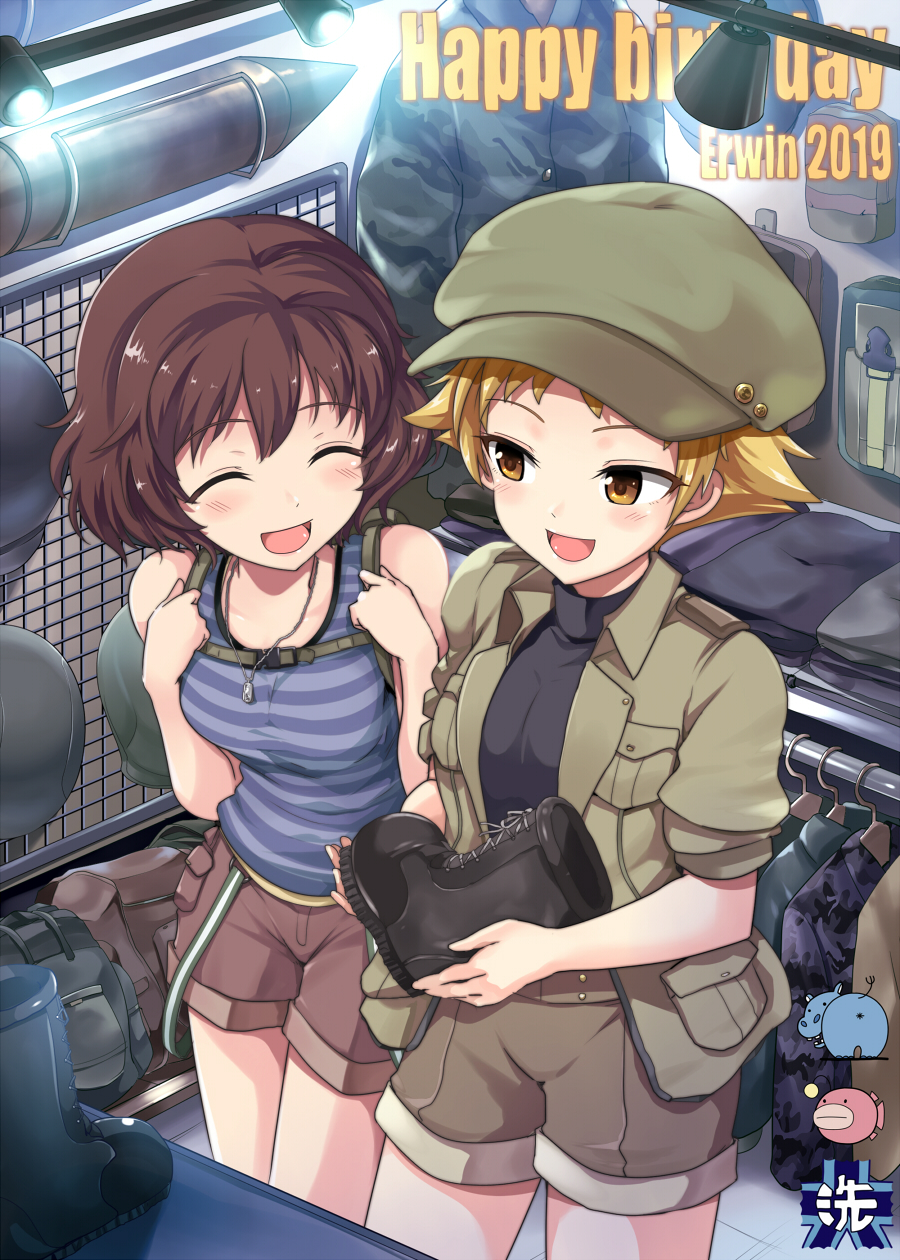 2019 :d akiyama_yukari anglerfish backpack bag bangs black_shirt blonde_hair blue_shirt brown_eyes brown_hair brown_jacket brown_shorts cabbie_hat casual character_name clothes_hanger commentary copyright_name emblem english_text facing_another girls_und_panzer green_headwear happy_birthday hat highres hippopotamus holding_boots indoors jacket jewelry kasai_shin leaning_forward light_blush looking_at_another messy_hair military_jacket necklace ooarai_(emblem) open_clothes open_jacket open_mouth pointy_hair shirt shop short_hair short_shorts short_sleeves shorts signature smile standing striped striped_shirt suspenders tank_top turtleneck yellow_eyes