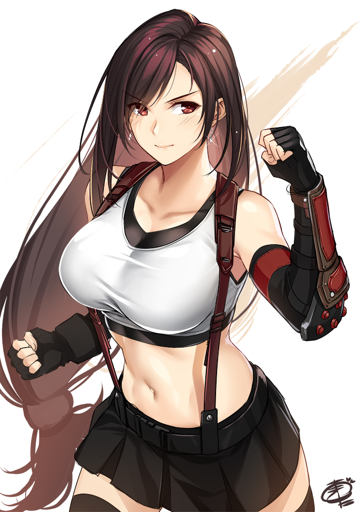 1girl belt belt_buckle black_belt black_bra black_gloves black_skirt bra breasts brown_hair brown_legwear buckle collarbone earrings elbow_gloves final_fantasy final_fantasy_vii final_fantasy_vii_remake gloves hair_over_one_eye jewelry large_breasts lips long_hair looking_at_viewer low_tied_hair navel okitakung partly_fingerless_gloves pleated_skirt red_eyes signature simple_background skirt smile solo sports_bra suspenders taut_clothes thigh-highs tifa_lockhart toned underwear upper_body white_background white_tank_top