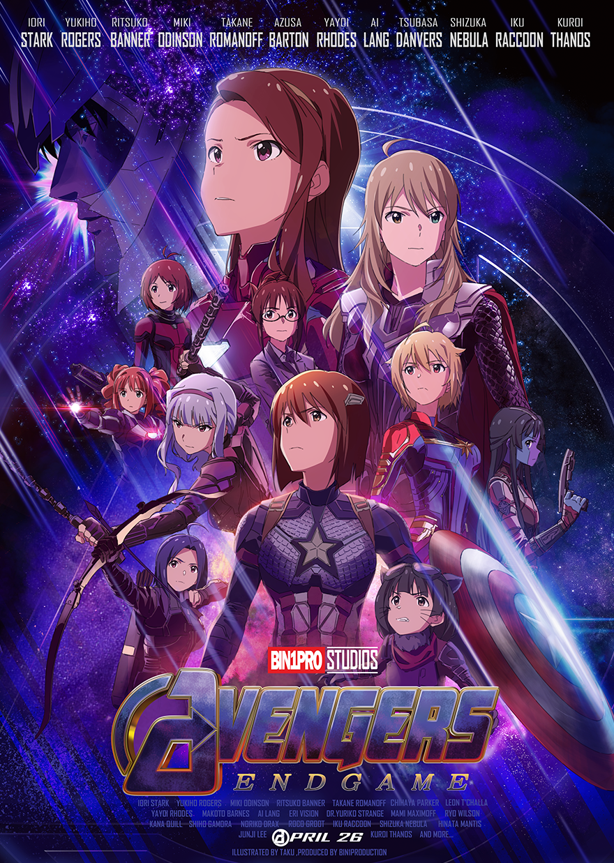 6+girls ahoge akizuki_ritsuko animal_ears annotated ant-man ant-man_(cosplay) armor avengers avengers:_endgame bangs baton bin1production black_widow black_widow_(cosplay) blonde_hair blue_bodysuit bodysuit bow_(weapon) brown_eyes brown_hair bruce_banner bruce_banner_(cosplay) cape captain_america captain_america_(cosplay) captain_marvel captain_marvel_(cosplay) character_name closed_mouth cosplay cover dated dress_shirt fake_cover formal frown glasses green_eyes hagiwara_yukiho hair_bun hair_ornament hairclip hawkeye_(marvel) hawkeye_(marvel)_(cosplay) helmet hidaka_ai highres holding holding_bow_(weapon) holding_weapon hoshii_miki ibuki_tsubasa idolmaster idolmaster_(classic) idolmaster_million_live! iron_man iron_man_(cosplay) jacket kuroi_takao logo_parody long_hair long_sleeves looking_to_the_side marvel messy_hair minase_iori miura_azusa multicolored multicolored_bodysuit multicolored_clothes multiple_girls nakatani_iku nebula_(gotg) nebula_(gotg)_(cosplay) poster raccoon_ears red_bodysuit red_cape red_eyes rocket_raccoon rocket_raccoon_(cosplay) shijou_takane shirt short_hair smile standing star starry_background suit swept_bangs taku1122 thanos thanos_(cosplay) thor_(marvel) thor_(marvel)_(cosplay) title_parody twintails war_machine war_machine_(cosplay) weapon