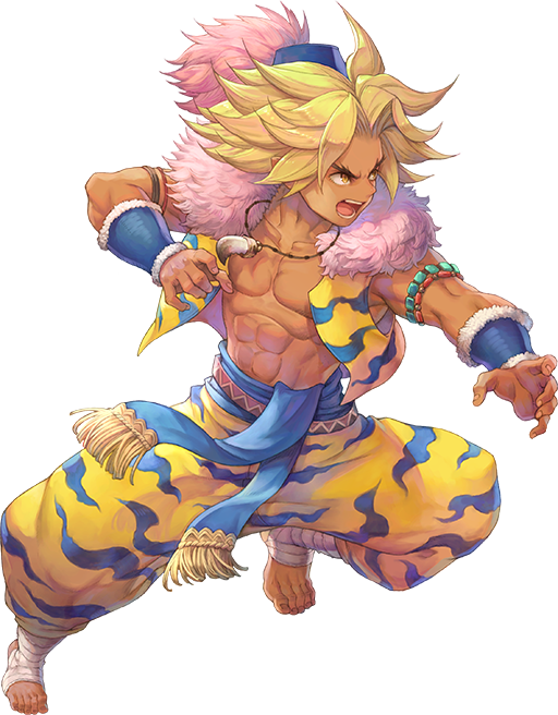 1boy abs animal_print ankle_wrap artist_request barefoot blonde_hair blue_headwear dark_skin fur_collar fur_trim hat kevin_(seiken_densetsu_3) male_focus medium_hair messy_hair no_shoes official_art open_mouth pants pectorals seiken_densetsu seiken_densetsu_3 sleeveless solo tiger_print transparent_background vest yellow_eyes yellow_vest