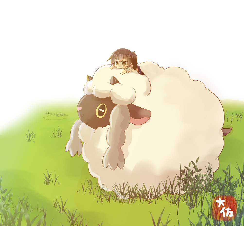 1girl bangs blush brown_eyes brown_hair chibi closed_mouth commentary_request eyebrows_visible_through_hair gen_8_pokemon grass kaga_(kantai_collection) kantai_collection long_hair lying on_stomach pokemon pokemon_(creature) sheep side_ponytail signature smile taisa_(kari) wooloo