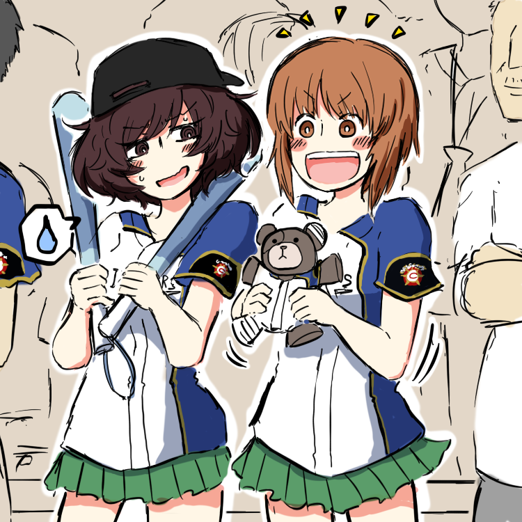 2girls :d akiyama_yukari backwards_hat baseball_bat baseball_cap baseball_jersey black_headwear blush_stickers bright_pupils brown_eyes brown_hair commentary crown eyebrows_visible_through_hair frown girls_und_panzer green_skirt hat holding holding_baseball_bat holding_stuffed_animal logo looking_at_viewer messy_hair miniskirt motion_lines multiple_girls nishizumi_maho notice_lines noumen open_mouth pleated_skirt shirt short_sleeves sketch skirt smile spoken_sweatdrop stuffed_animal stuffed_toy sweatdrop teddy_bear v-shaped_eyebrows white_pupils white_shirt