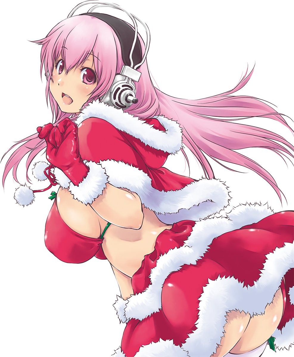 1girl artist_request ass bikini bikini_top blush breasts capelet coat fur_trim gloves headphones highres large_breasts long_hair looking_at_viewer miniskirt nitroplus open_mouth pink_eyes pink_hair skirt solo super_sonico swimsuit thigh-highs