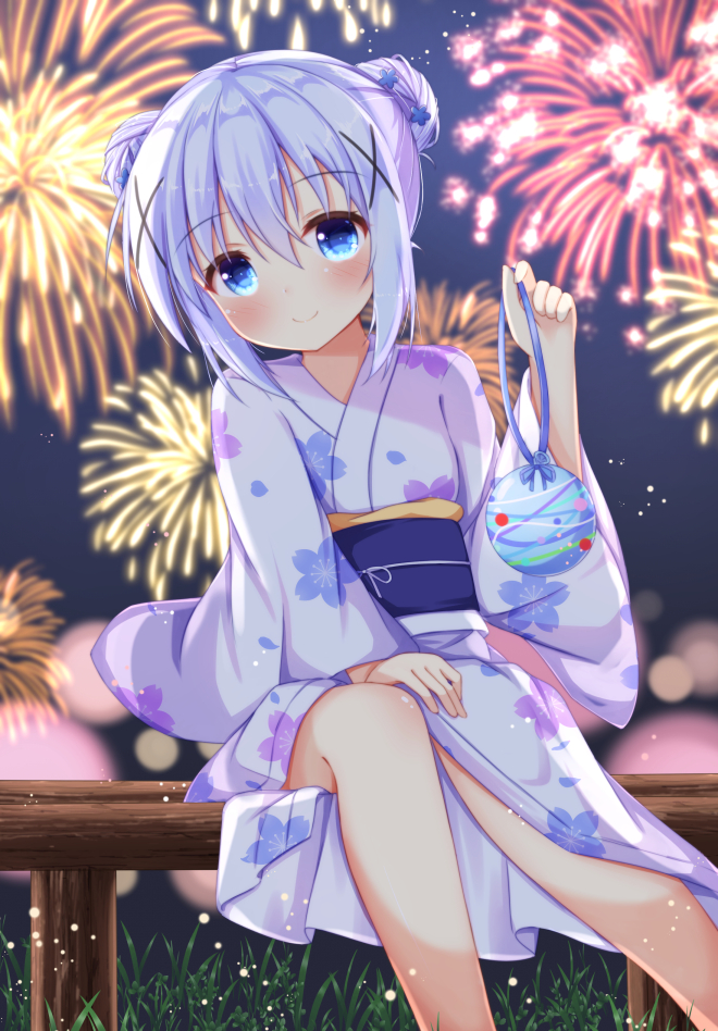 1girl aerial_fireworks bangs blue_eyes blue_hair blurry blurry_background blush closed_mouth commentary_request depth_of_field double_bun eyebrows_visible_through_hair fireworks floral_print gochuumon_wa_usagi_desu_ka? hair_between_eyes hair_ornament hand_up holding japanese_clothes kafuu_chino kedama_(kedama_akaza) kimono long_sleeves night night_sky obi on_railing print_kimono purple_kimono railing sash sitting sky smile solo wide_sleeves x_hair_ornament yukata