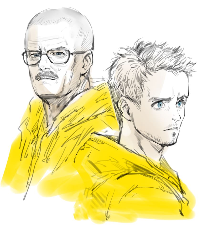 2boys bald blue_eyes bomssp breaking_bad facial_hair glasses heisenberg jacket jesse_pinkman male_focus multiple_boys mustache partially_colored stubble walter_white yellow_jacket