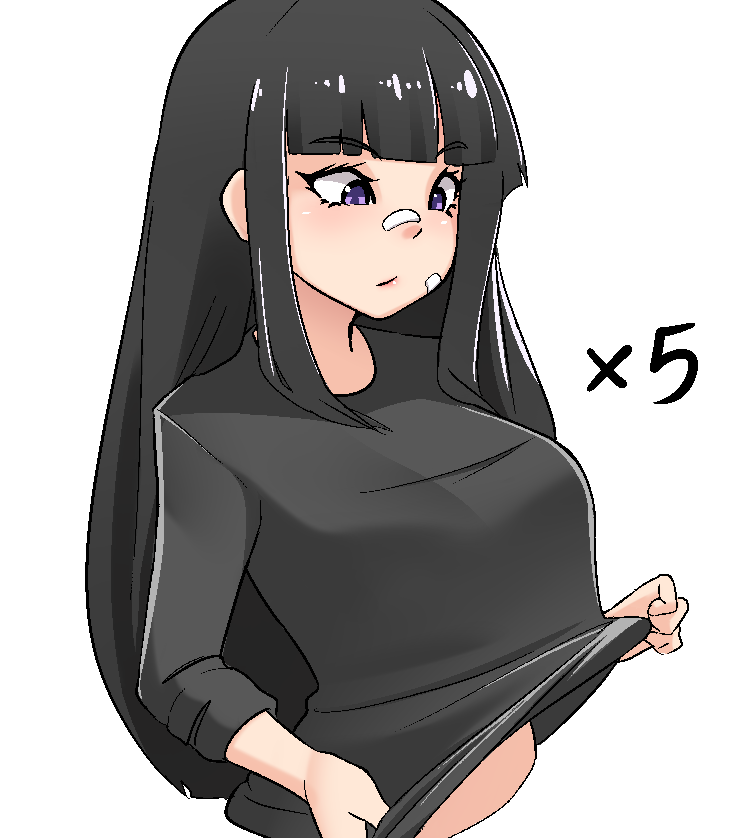 1girl 5 bandaid bandaid_on_face bandaid_on_nose bangs black_hair black_shirt blunt_bangs breasts commentary cropped_torso english_commentary eyebrows_visible_through_hair large_breasts lifted_by_self long_hair long_sleeves midriff_peek mochi_(chain_csn) number original shirt shirt_lift sidelocks simple_background solo upper_body violet_eyes white_background