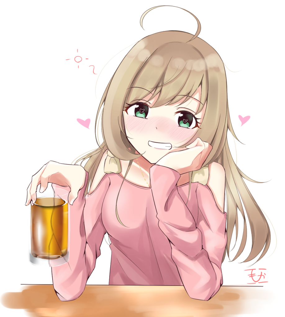 1girl ahoge alcohol bare_shoulders beer blush breasts commentary_request cup drunk elbow_rest elbows_on_table eyebrows_visible_through_hair glass green_eyes grin hair_between_eyes hair_ribbon head_in_hand head_tilt heart heart-shaped_pupils holding holding_cup idolmaster idolmaster_cinderella_girls jewelry light_brown_hair long_hair long_sleeves looking_at_viewer medium_breasts mocacoco339 necklace pink_shirt raglan_sleeves ribbon satou_shin shirt signature simple_background sitting smile solo symbol-shaped_pupils table upper_body white_background