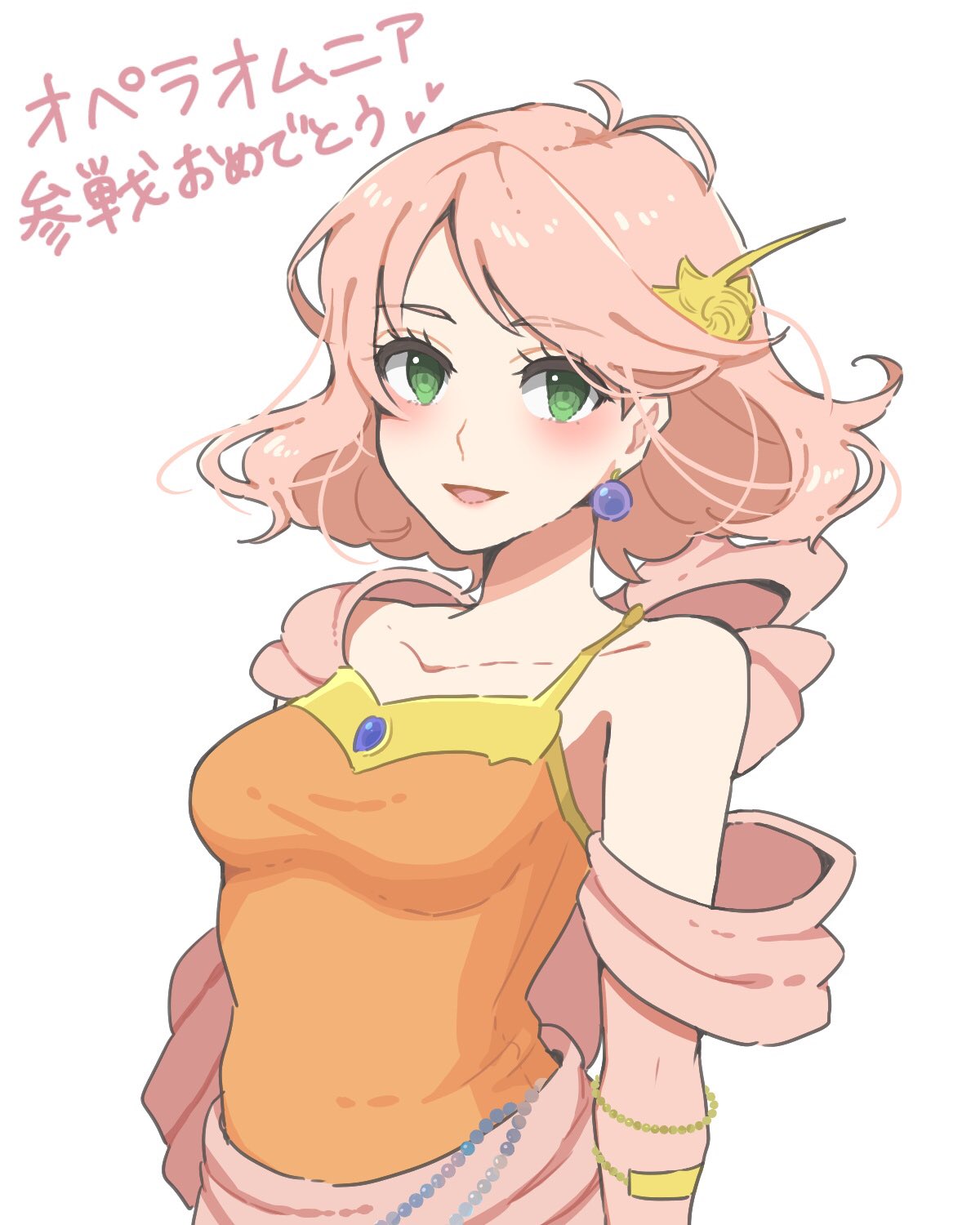 1girl :d antenna_hair beads breasts dress earrings eyebrows_visible_through_hair final_fantasy final_fantasy_v green_eyes hair_ornament highres jewelry lenna_charlotte_tycoon looking_at_viewer medium_breasts open_mouth orange_dress pink_hair short_hair simple_background single_bare_shoulder smile solo toufu_(toufu_53) upper_body white_background