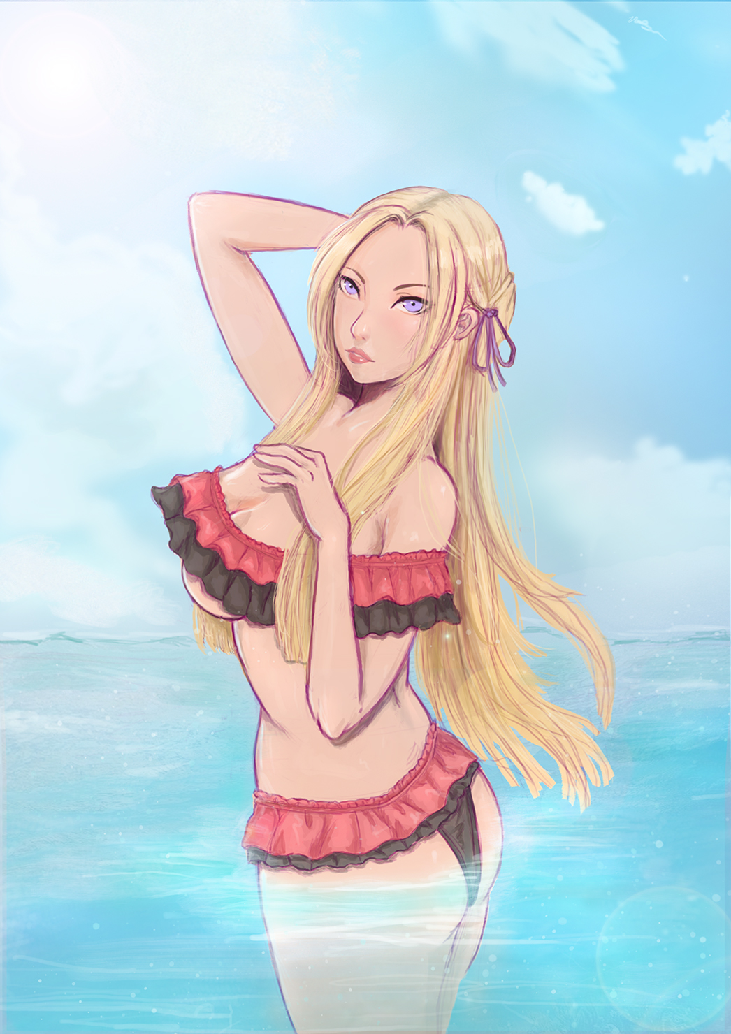 1girl akiratang ass bikini bikini_skirt blue_eyes breasts butt_crack clouds cute edelgard_von_hresvelg edelgard_von_hresvelgr_(fire_emblem) fire_emblem fire_emblem:_three_houses fire_emblem:_three_houses fire_emblem_heroes hair_ribbon intelligent_systems large_breasts long_hair looking_at_viewer nintendo outdoors parted_lips partially_submerged ribbon sky solo summer super_smash_bros. surreal underboob water