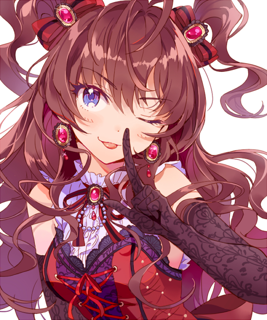 1girl ;p black_gloves blue_eyes bow brown_hair earrings elbow_gloves floating_hair gem gloves hair_bow ichinose_shiki idolmaster idolmaster_cinderella_girls idolmaster_cinderella_girls_starlight_stage index_finger_raised inzup jewelry jougasaki_mika long_hair looking_at_viewer one_eye_closed print_gloves red_bow red_ribbon ribbon shiny shiny_hair solo striped striped_bow tongue tongue_out twintails upper_body very_long_hair