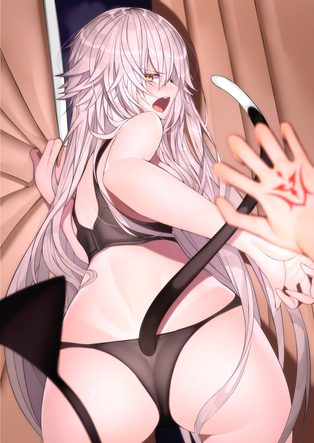 1girl ahoge animal_ears ass bangs black_bra black_panties blush bra breasts cat_ears cat_tail command_spell commentary cowboy_shot curtain_grab curtains eyebrows_visible_through_hair fate/apocrypha fate/stay_night fate_(series) highres jeanne_d'arc_(alter)_(fate) jeanne_d'arc_(fate) jeanne_d'arc_(fate)_(all) large_breasts looking_at_viewer mairudo_(mildcoffee1117) night open_mouth panties pov short_hair silver_hair solo tail underwear underwear_only v-shaped_eyebrows window yellow_eyes