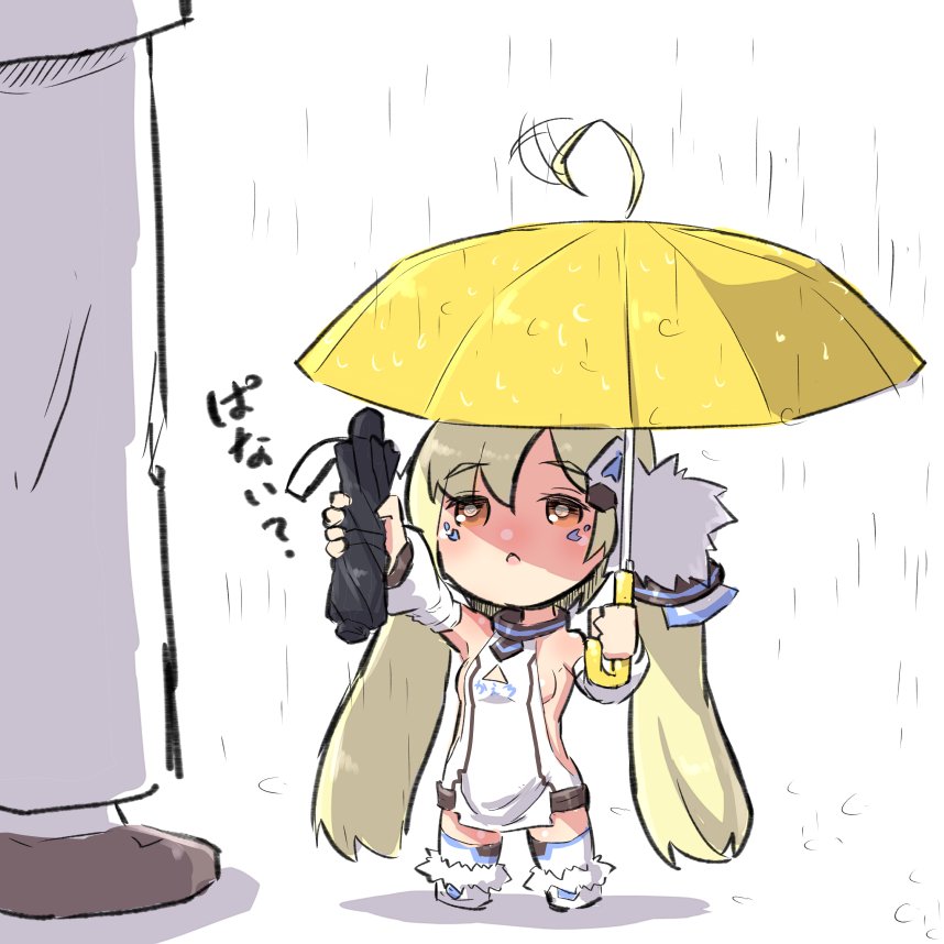 1girl :o ahoge ahoge_wag azur_lane bangs bare_shoulders black_umbrella blonde_hair blush breasts brown_eyes brown_footwear chibi closed_umbrella commander_(azur_lane) commentary_request detached_sleeves dress eldridge_(azur_lane) expressive_hair eyebrows_visible_through_hair facial_mark fur-trimmed_boots fur_trim hair_between_eyes holding holding_umbrella long_hair long_sleeves minigirl out_of_frame outstretched_arm pants parted_lips puffy_long_sleeves puffy_sleeves rain shadow shoes sleeveless sleeveless_dress small_breasts solo_focus standing thigh-highs translated twintails u-non_(annon'an) umbrella very_long_hair white_background white_dress white_footwear white_legwear white_pants white_sleeves yellow_umbrella