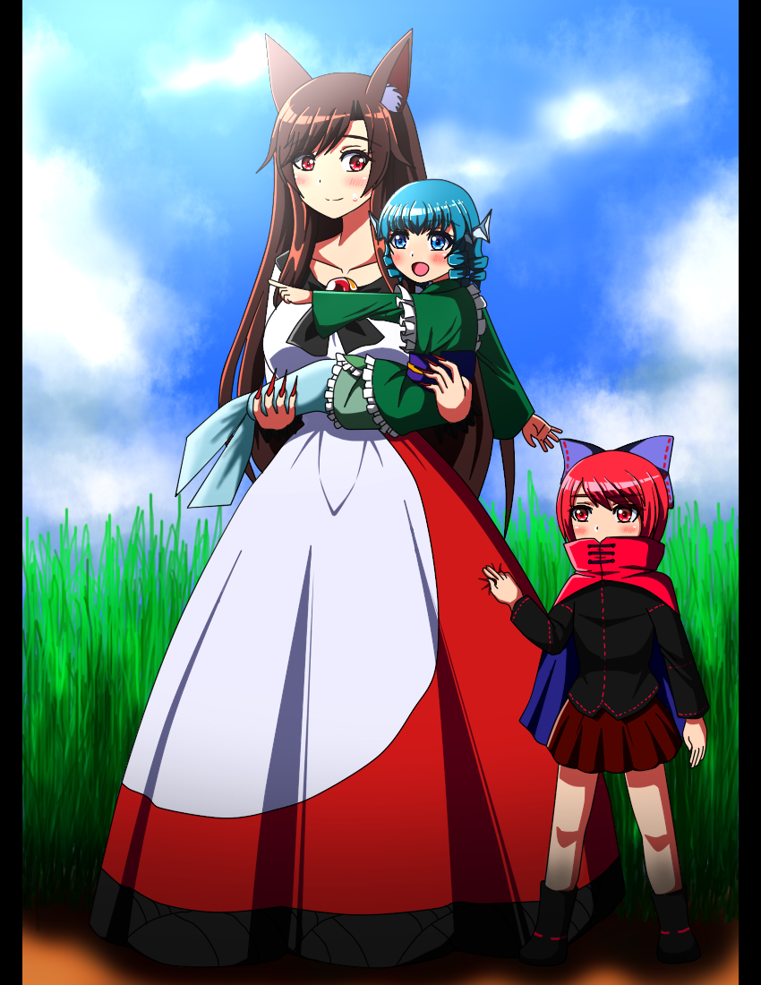 3girls :o alternate_height animal_ear_fluff animal_ears bangs black_footwear black_shirt blue_eyes blue_hair blue_sky blush boots bow brooch brown_hair cape carrying claws clouds collarbone commentary_request covered_mouth day drill_hair grass grass_root_youkai_network green_kimono hair_bow head_fins imaizumi_kagerou japanese_clothes jewelry kimono long_hair long_sleeves looking_at_another looking_to_the_side luna_(luna3962) mermaid miniskirt monster_girl multiple_girls obi outdoors pillarboxed pleated_skirt pointing princess_carry red_cape red_eyes red_nails red_skirt redhead sash sekibanki shawl shirt short_hair sideways_glance skirt skirt_hold sky smile standing sweatdrop swept_bangs touhou twin_drills two-tone_dress very_long_hair wakasagihime wolf_ears