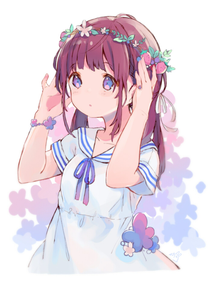 1girl :o bangs blue_ribbon blush brown_hair collarbone commentary_request dress eyebrows_visible_through_hair floral_background food fruit hair_ribbon hands_up head_wreath long_hair looking_away neck_ribbon original parted_lips ribbon sailor_collar sailor_dress sencha_(senta_10) short_sleeves signature solo strawberry twintails upper_body violet_eyes white_background white_dress white_ribbon white_sailor_collar