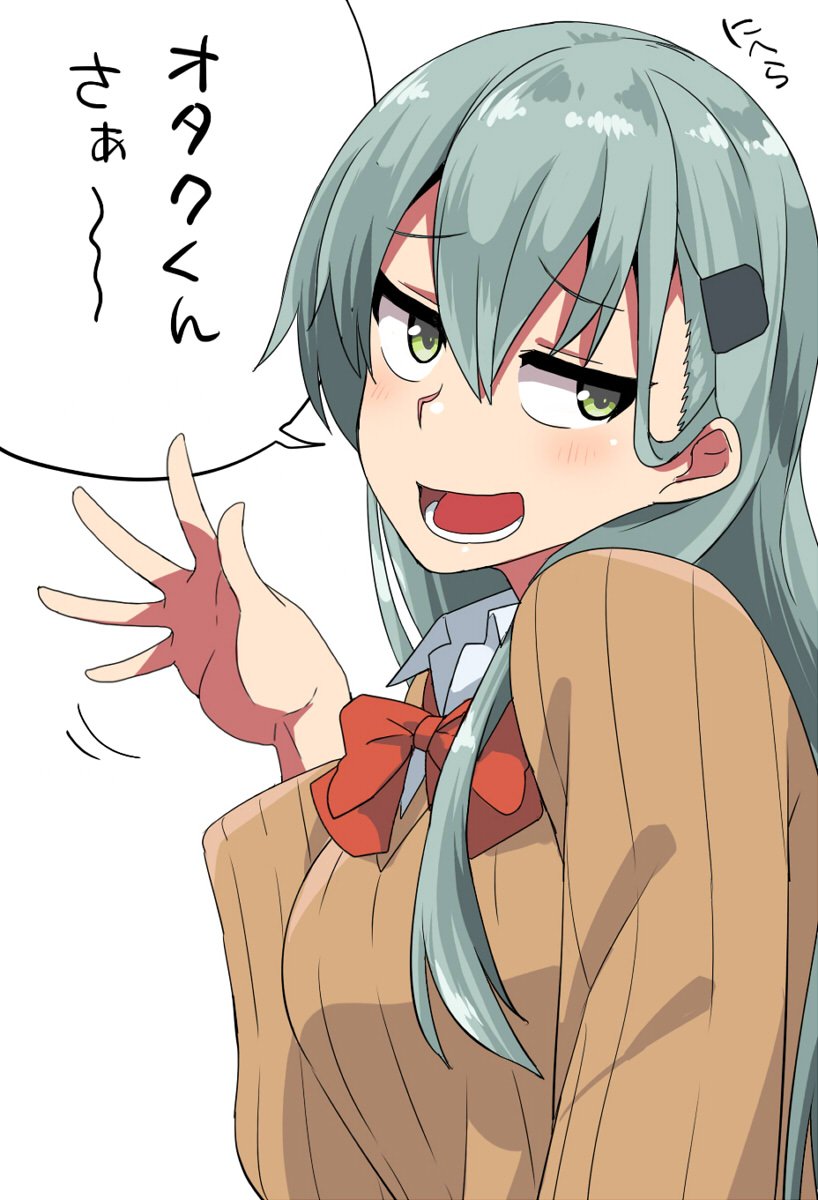 1girl aqua_hair bangs blush breasts eyebrows_visible_through_hair green_eyes hair_between_eyes hair_ornament hairclip half-closed_eyes highres kantai_collection kozou_(rifa) long_hair long_sleeves open_mouth red_neckwear simple_background solo suzuya_(kantai_collection) sweater teeth translation_request waving white_background