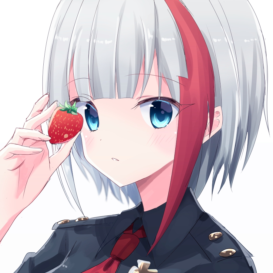 1girl admiral_graf_spee_(azur_lane) azur_lane bangs black_shirt blue_eyes blush collared_shirt commentary_request eyebrows_visible_through_hair fingernails food fruit hand_up holding holding_food looking_at_viewer multicolored_hair parted_lips red_neckwear redhead shirt silver_hair simple_background solo strawberry streaked_hair suzume_anko upper_body white_background