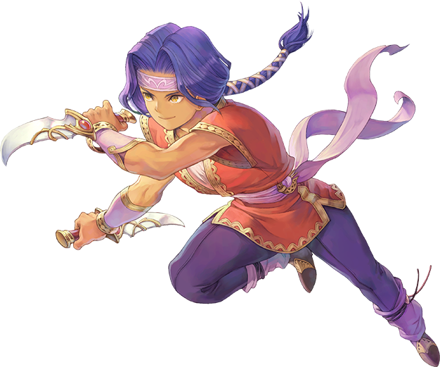 1boy artist_request brown_footwear dark_skin full_body hawkeye_(seiken_densetsu_3) holding holding_knife holding_weapon knife long_hair low-tied_long_hair male_focus official_art pants purple_hair red_shirt seiken_densetsu seiken_densetsu_3 shirt shoes short_sleeves solo transparent_background very_long_hair weapon yellow_eyes