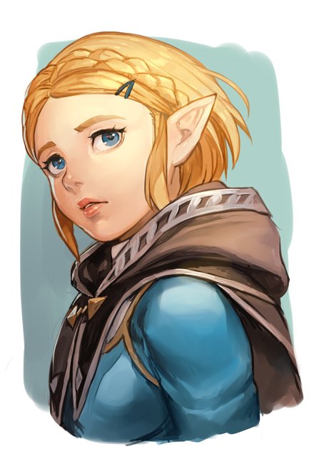 1girl black_cape blonde_hair blue_eyes blue_shirt braid cape crown_braid forehead from_side hair_ornament hairclip hankuri looking_at_viewer looking_to_the_side parted_lips pointy_ears princess_zelda red_lips shirt short_hair side_ponytail solo the_legend_of_zelda:_breath_of_the_wild_2 two-tone_background upper_body