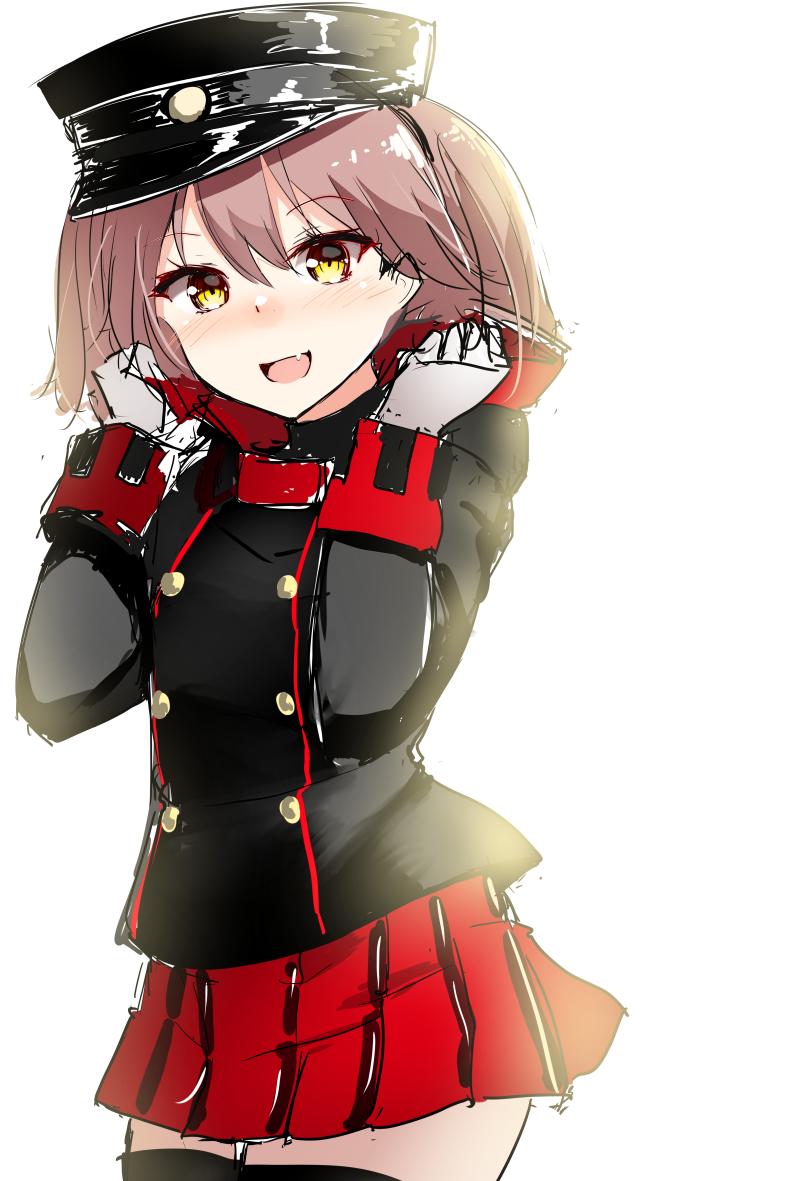1girl akitsu_maru_(kantai_collection) akitsu_maru_(kantai_collection)_(cosplay) black_headwear black_legwear brown_eyes brown_hair commentary_request cosplay fang gloves kantai_collection kirigakure_(kirigakure_tantei_jimusho) long_hair looking_at_viewer open_mouth red_skirt ryuujou_(kantai_collection) simple_background skin_fang skirt smile solo thigh-highs twintails white_background white_gloves