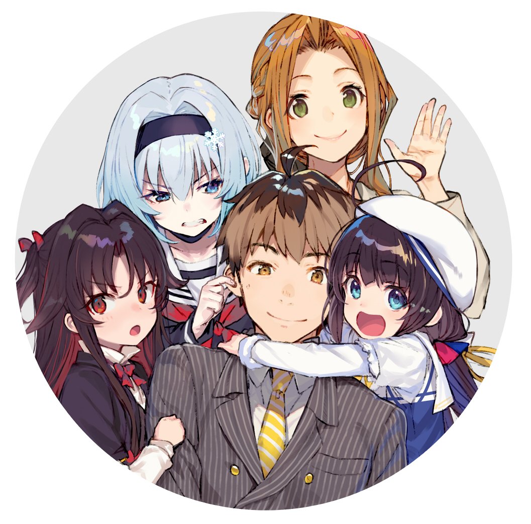 1boy 4girls ahoge black_hair blue_eyes blush bow brown_eyes brown_hair character_request clenched_teeth closed_mouth collared_shirt green_eyes hair_bow hair_ornament hairband hat long_hair looking_at_another looking_at_viewer multicolored_hair multicolored_neckwear multiple_girls necktie open_mouth parted_lips red_bow redhead ryuuou_no_oshigoto! shirabi shirt silver_hair smile snowflake_hair_ornament striped striped_neckwear teeth two-tone_hair white_headwear white_neckwear white_shirt yellow_neckwear