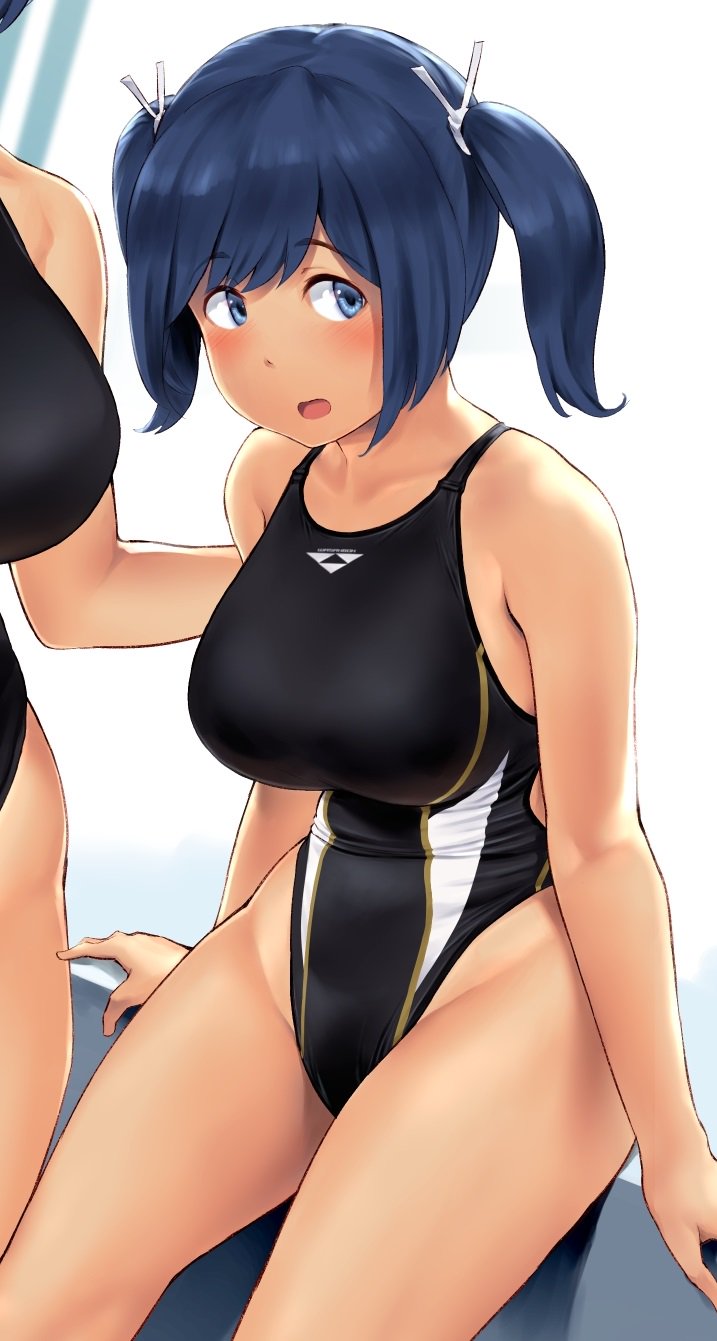 1girl black_swimsuit blue_eyes blue_hair breasts collarbone commentary_request competition_swimsuit cowboy_shot hair_ribbon highleg highleg_swimsuit highres kantai_collection large_breasts looking_at_viewer one-piece_swimsuit open_mouth ribbon sitting solo souryuu_(kantai_collection) swimsuit twintails wa_(genryusui) wide_hips