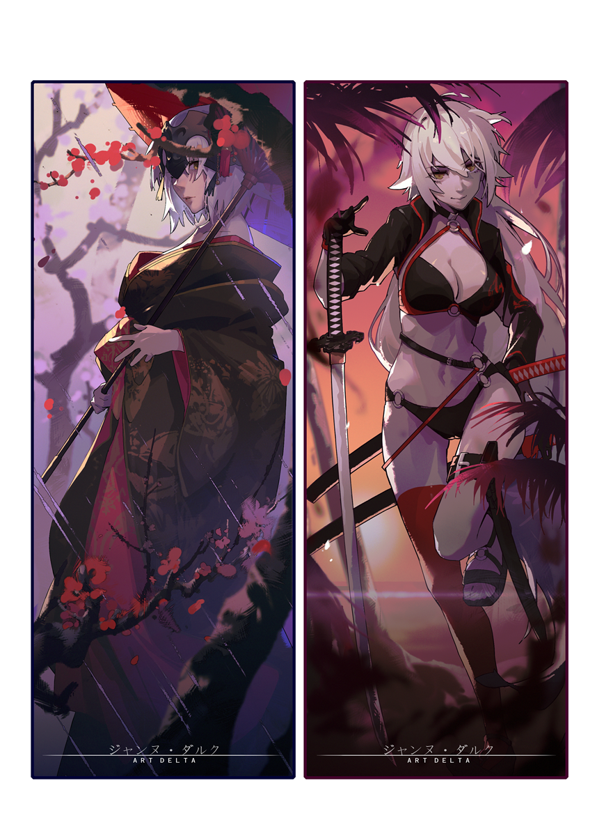 2girls bikini black_bikini breasts character_request cherry_blossoms fate/grand_order fate_(series) from_side grey_hair highres jeanne_d'arc_(alter_swimsuit_berserker) jeanne_d'arc_(fate) jeanne_d'arc_(fate)_(all) katana long_hair medium_breasts multiple_girls navel planted_sword planted_weapon shrug_(clothing) swimsuit sword thigh_gap thighs weapon yellow_eyes zanyak