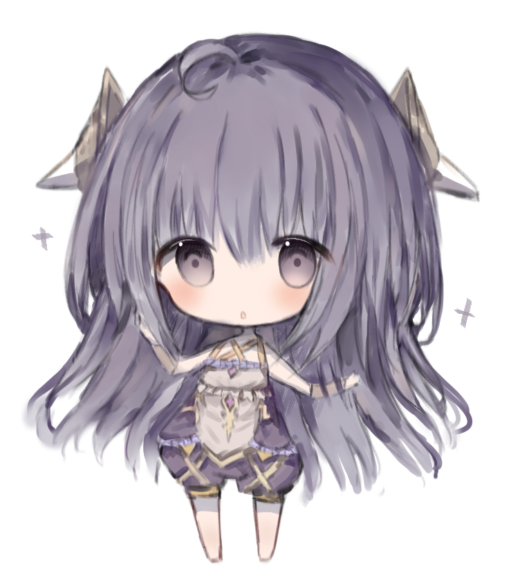 1girl :o bangs bare_shoulders barefoot blush character_request chibi commentary_request cottontailtokki eyebrows_visible_through_hair full_body hair_between_eyes hair_ornament hand_up long_hair looking_at_viewer parted_lips puffy_shorts purple_hair purple_shorts shadowverse short_shorts shorts simple_background solo standing very_long_hair violet_eyes white_background