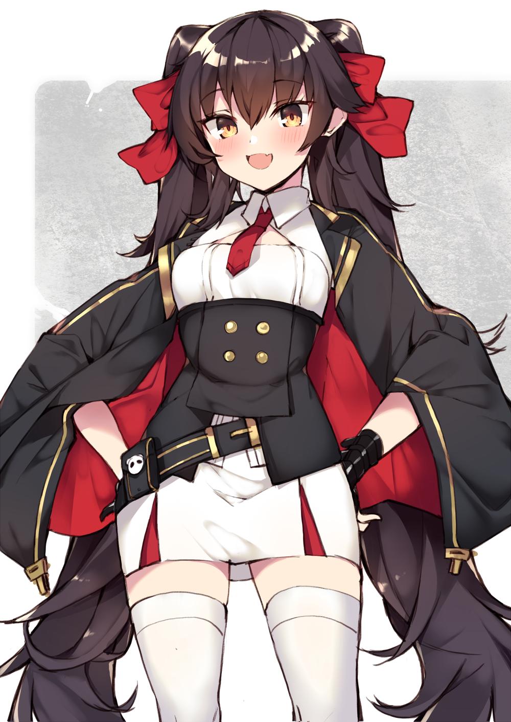 1girl bangs black_cape black_hair blush breasts cape double-breasted eyebrows_visible_through_hair fang girls_frontline gloves hair_between_eyes hair_ribbon hands_on_hips haruyuki_(yukichasoba) highres long_hair open_mouth qbz-97_(girls_frontline) red_neckwear red_ribbon ribbon shirt simple_background skin_fang skirt solo thigh-highs twintails very_long_hair white_legwear yellow_eyes