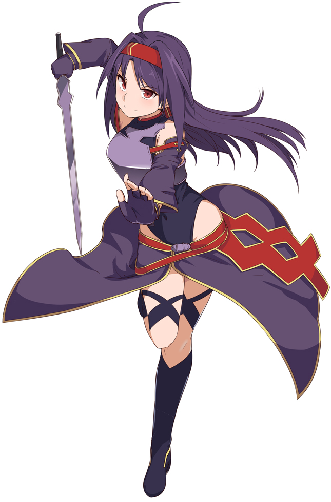 1girl ahoge bare_shoulders breastplate breasts detached_sleeves eyebrows_visible_through_hair fingerless_gloves full_body gloves hair_ornament hairband holding holding_sword holding_weapon leg_up long_hair looking_at_viewer medium_breasts pointy_ears purple_hair red_eyes red_hairband shiseki_hirame simple_background smile solo sword sword_art_online thigh-highs very_long_hair weapon white_background yuuki_(sao)
