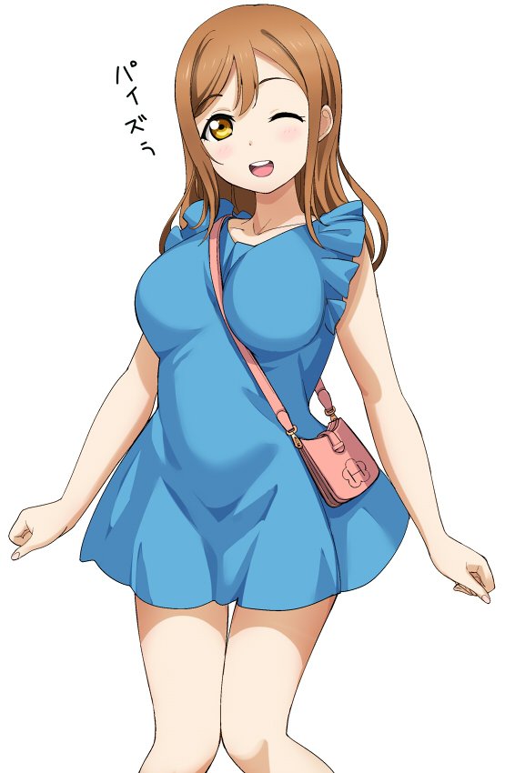 1girl a1 alternate_costume bag bangs between_breasts blue_dress breasts brown_hair casual collarbone dress knees_together kunikida_hanamaru large_breasts long_hair looking_at_viewer love_live! love_live!_sunshine!! one_eye_closed open_mouth round_teeth simple_background smile solo teeth upper_teeth white_background yellow_eyes zura_(phrase)