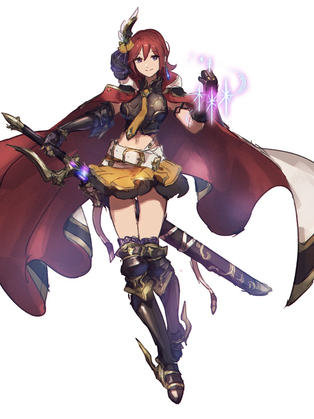 1girl armored_boots belt belt_buckle black_gloves blue_eyes boots brown_neckwear brown_skirt buckle cape closed_mouth crop_top earrings elbow_gloves full_body gloves hair_ornament highres holding holding_sword holding_weapon jewelry kaname_buccaneer layered_skirt looking_at_viewer macross macross_delta midriff miniskirt navel red_cape redhead sheath sheathed shimatani_azu short_hair simple_background skirt smile solo standing stomach sword thigh-highs thigh_boots weapon white_background white_belt