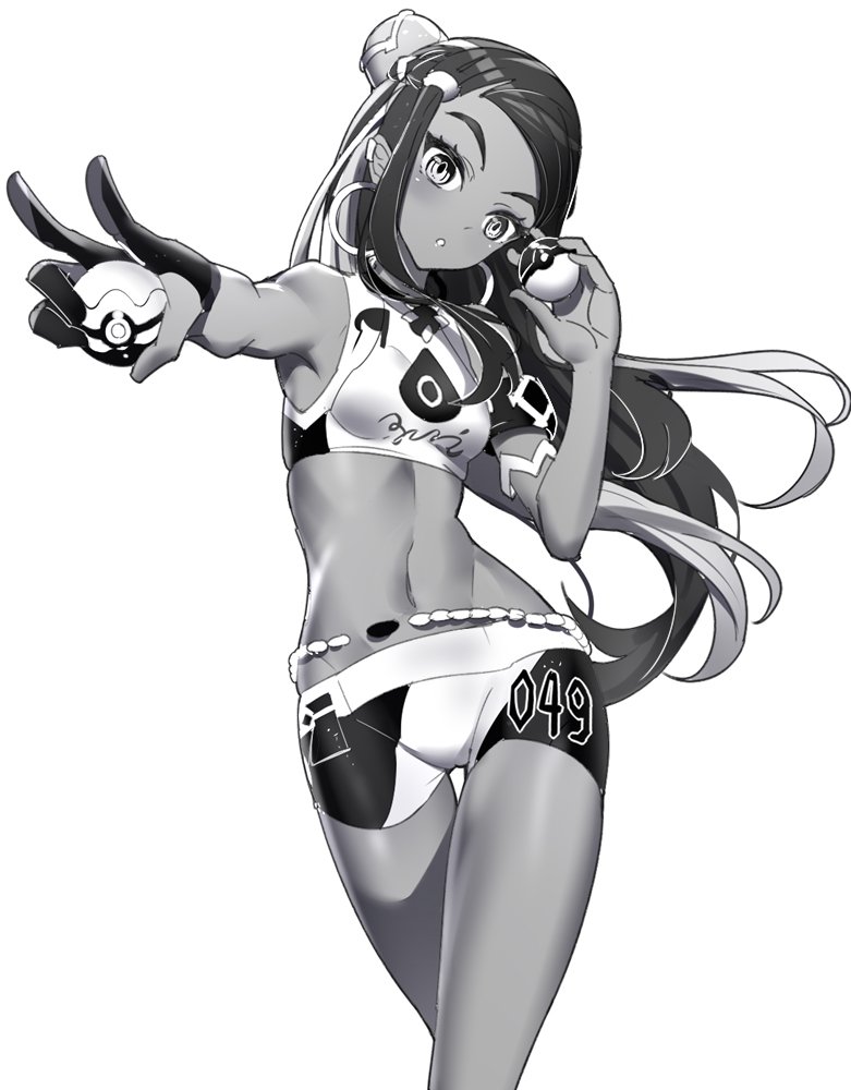1girl :o armlet bare_shoulders bike_shorts blush breasts commentary crop_top dark_skin forehead gloves greyscale hair_bun hair_ornament half_gloves hand_up head_tilt holding holding_poke_ball long_hair looking_at_viewer monochrome navel outstretched_arm parted_lips partly_fingerless_gloves poke_ball poke_ball_(generic) pokemon pokemon_(game) pokemon_swsh ririko_(zhuoyandesailaer) rurina_(pokemon) shirt short_shorts shorts simple_background single_glove sleeveless sleeveless_shirt small_breasts solo sportswear stomach very_long_hair white_background