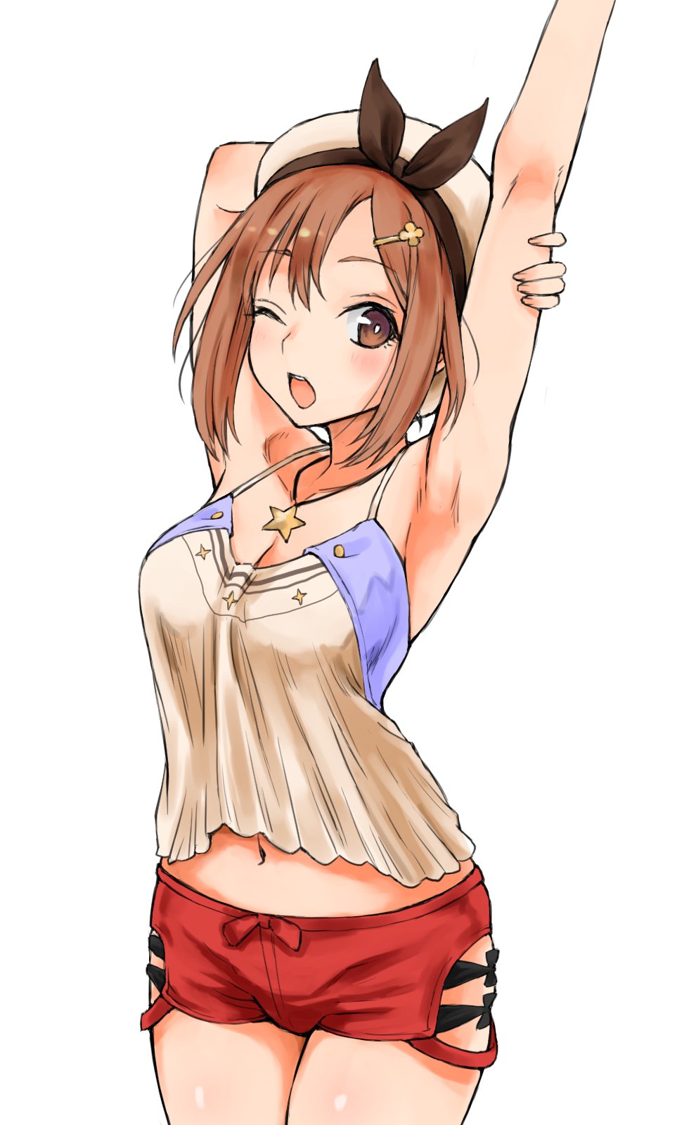 1girl armpits artist_request atelier_(series) atelier_ryza belt blush breasts brown_eyes brown_hair eyebrows_visible_through_hair hair_ornament hairclip hat highres jewelry looking_at_viewer necklace one_eye_closed open_mouth red_shorts reisalin_stout short_shorts shorts simple_background solo star stretch thighs white_background