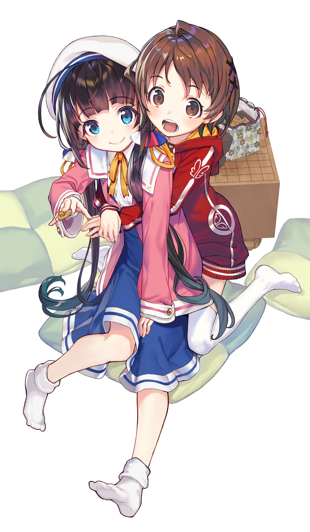 2girls black_hair blue_eyes blush brown_eyes brown_hair character_request closed_mouth eyebrows_visible_through_hair hair_ornament hat highres long_hair looking_at_viewer multiple_girls official_art open_mouth over-kneehighs ryuuou_no_oshigoto! shirabi short_hair simple_background smile socks thigh-highs twintails very_long_hair white_background white_headwear white_legwear x_hair_ornament