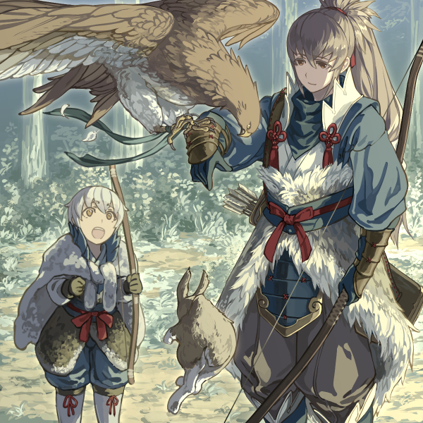 2boys :d animal arm_at_side armor arrow_(projectile) bangs bird blue_shirt bow_(weapon) bush clenched_hands closed_mouth falconry father_and_son faulds feathers fire_emblem fire_emblem_fates fur fur_(clothing) gloves grass grey_hair hair_between_eyes hair_ribbon harusame_(rueken) hawk high_collar high_ponytail holding holding_bow_(weapon) holding_weapon japanese_armor japanese_clothes kiragi_(fire_emblem) long_hair long_sleeves looking_at_animal male_focus multiple_boys nature open_mouth orange_eyes out_of_frame outdoors pants ponytail quiver rabbit red_ribbon ribbon sash shin_guards shiny shiny_hair shirt short_hair sidelocks silver_trim smile standing takumi_(fire_emblem) tassel teeth tied_hair tree tsurime vambraces weapon wide-eyed yumi_(bow)