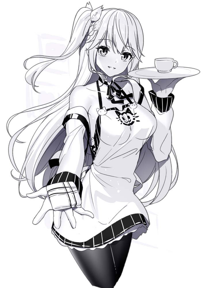 1girl bangs blush braid breasts cropped_legs cup detached_sleeves dress emily_stock eyebrows_visible_through_hair greyscale hair_between_eyes hair_ribbon holding holding_plate long_hair long_sleeves looking_at_viewer medium_breasts monochrome one_side_up original outstretched_arm pantyhose parted_lips plate ribbon ririko_(zhuoyandesailaer) simple_background sleeveless sleeveless_dress smile solo teacup very_long_hair white_background