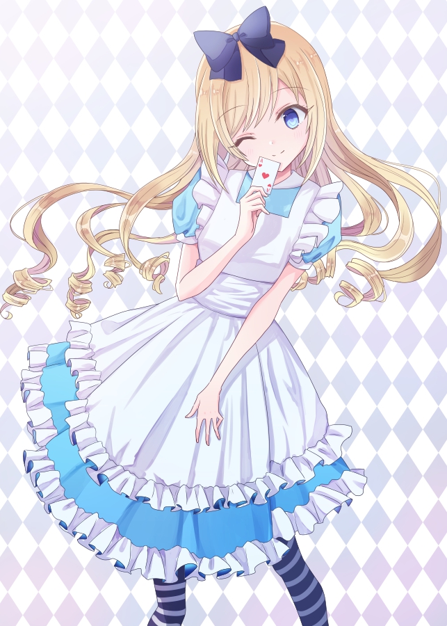 1girl ;) ace_of_hearts alice_(wonderland) alice_in_wonderland apron argyle argyle_background bangs black_bow blonde_hair blue_dress blue_eyes blush bow card closed_mouth commentary_request dress eyebrows_visible_through_hair frilled_apron frilled_dress frills hair_bow head_tilt heart holding holding_card long_hair maid_apron one_eye_closed pantyhose playing_card puffy_short_sleeves puffy_sleeves ringlets short_sleeves smile solo striped striped_legwear suzume_anko very_long_hair white_apron